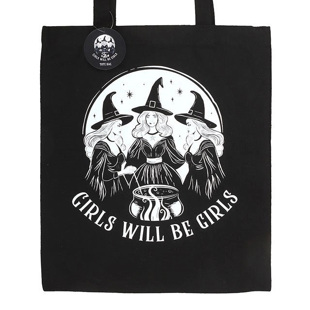 Close-up of spell-casting witches and ‘Girls Will Be Girls’ text on tote.