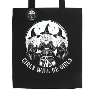 Close-up of spell-casting witches and ‘Girls Will Be Girls’ text on tote.
