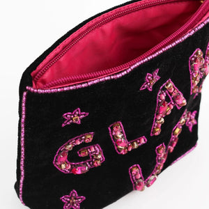 Open Glam Up Small Pouch showing pink lining and bead detail.