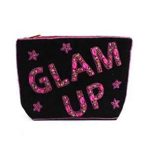Glam Up Small Pouch in black velvet with pink glass bead lettering.