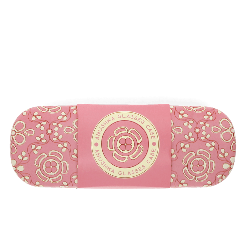 Anushka floral glasses case with pink sleeve and branding clearly shown.
