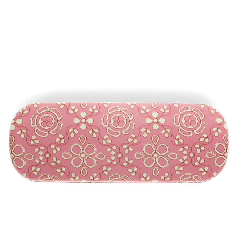Back view of the pink Anushka glasses case with repeating floral pattern.