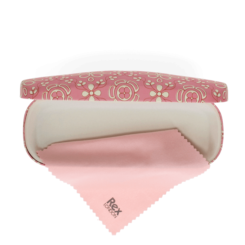 Open Anushka glasses case with soft interior and matching pink Rex London cleaning cloth.