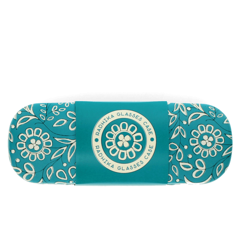 Teal Radhika glasses case with matching floral-printed packaging sleeve, brand label visible.