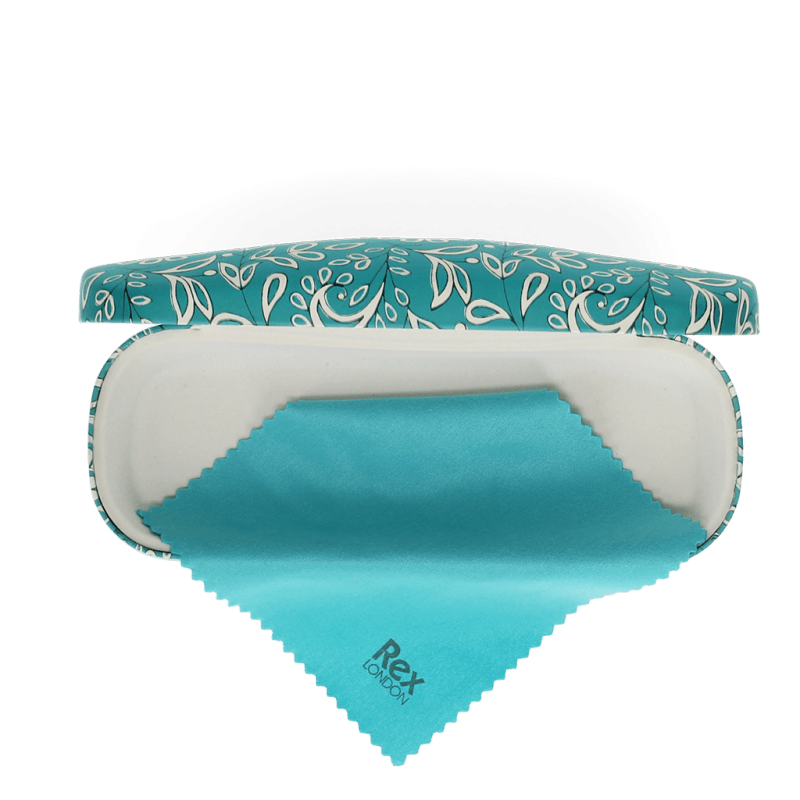 Open Radhika glasses case showing soft interior and turquoise microfibre cleaning cloth with Rex London logo.