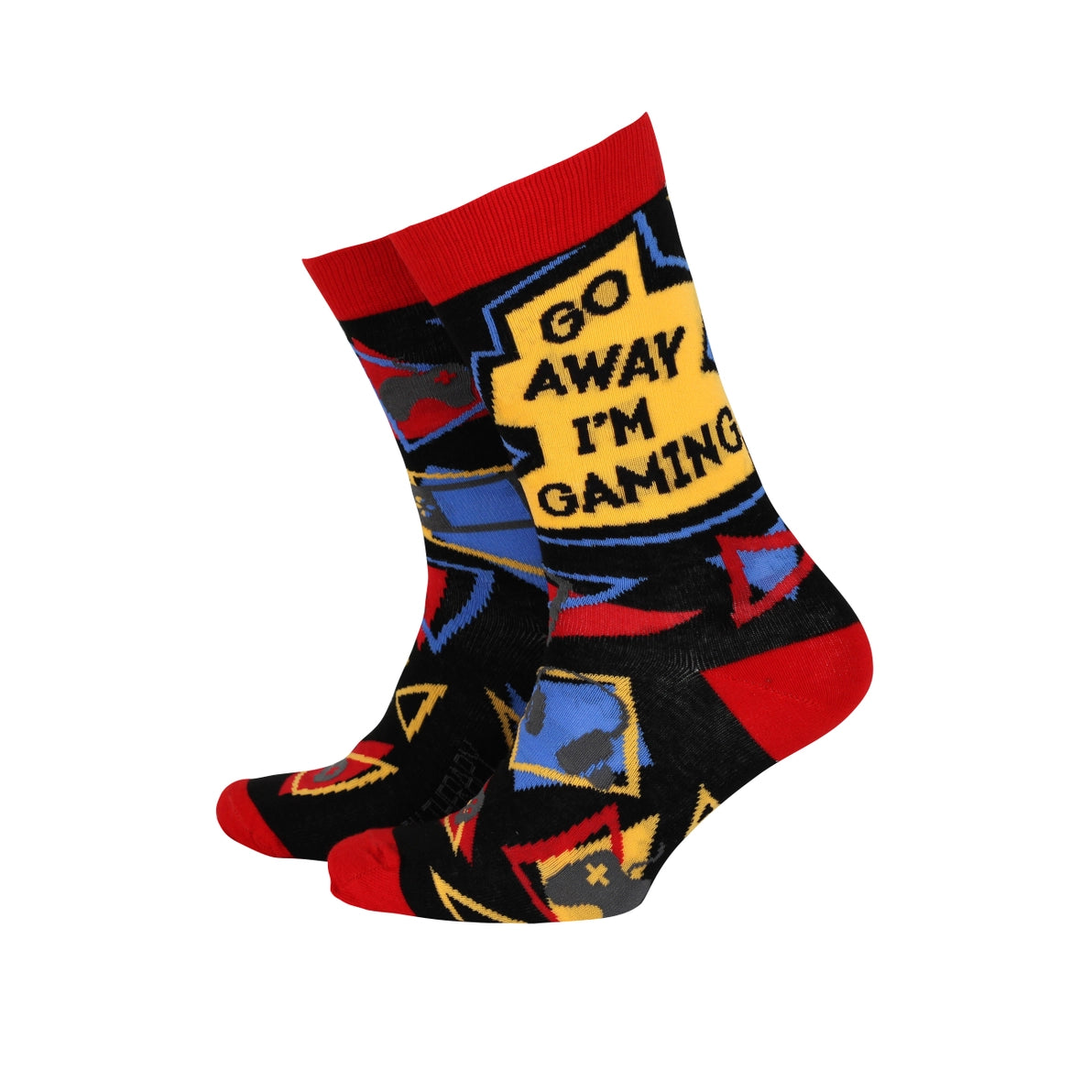 Go Away I’m Gaming men’s bamboo socks in black with red, blue and yellow gamer design.
