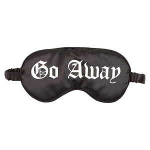Go Away satin eye mask in black with white stitching and matching gift card – funny sleep accessory for light sleepers.