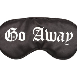 Front view of black satin sleep mask with bold “GO AWAY” lettering and elastic band – soft and stylish bedtime essential.