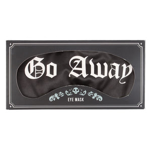Satin GO AWAY sleep mask with white embroidery photographed from side angle – perfect for blocking light with personality.