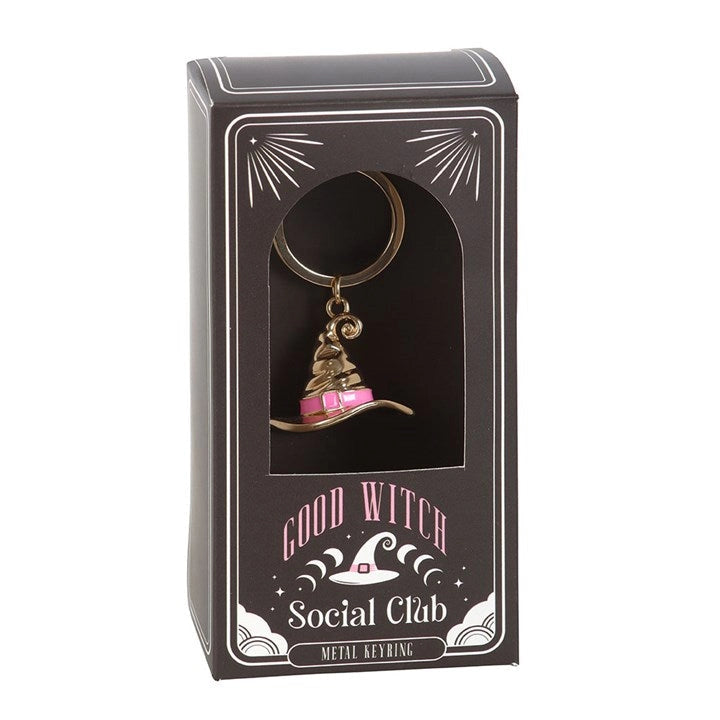 Good Witch Social Club witch hat keyring in gift box packaging.