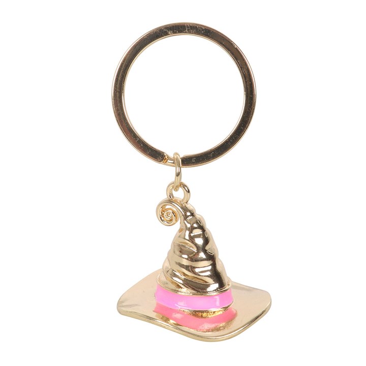 Enamel witch hat charm keyring with gold finish and pink accent.