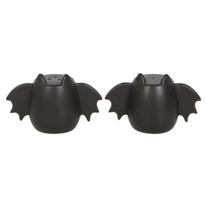 Pair of bat-shaped ceramic salt and pepper shakers with black wings, gothic kitchen decor.