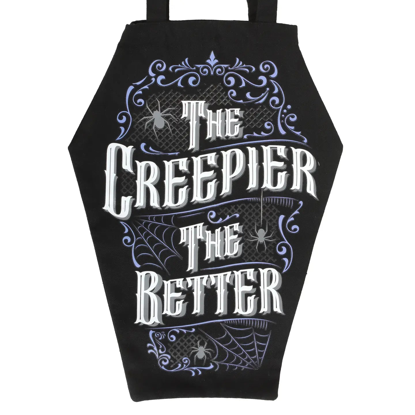 Close-up of coffin-shaped gothic tote bag with ornate white lettering, spider motifs, and scroll detailing on a white background.