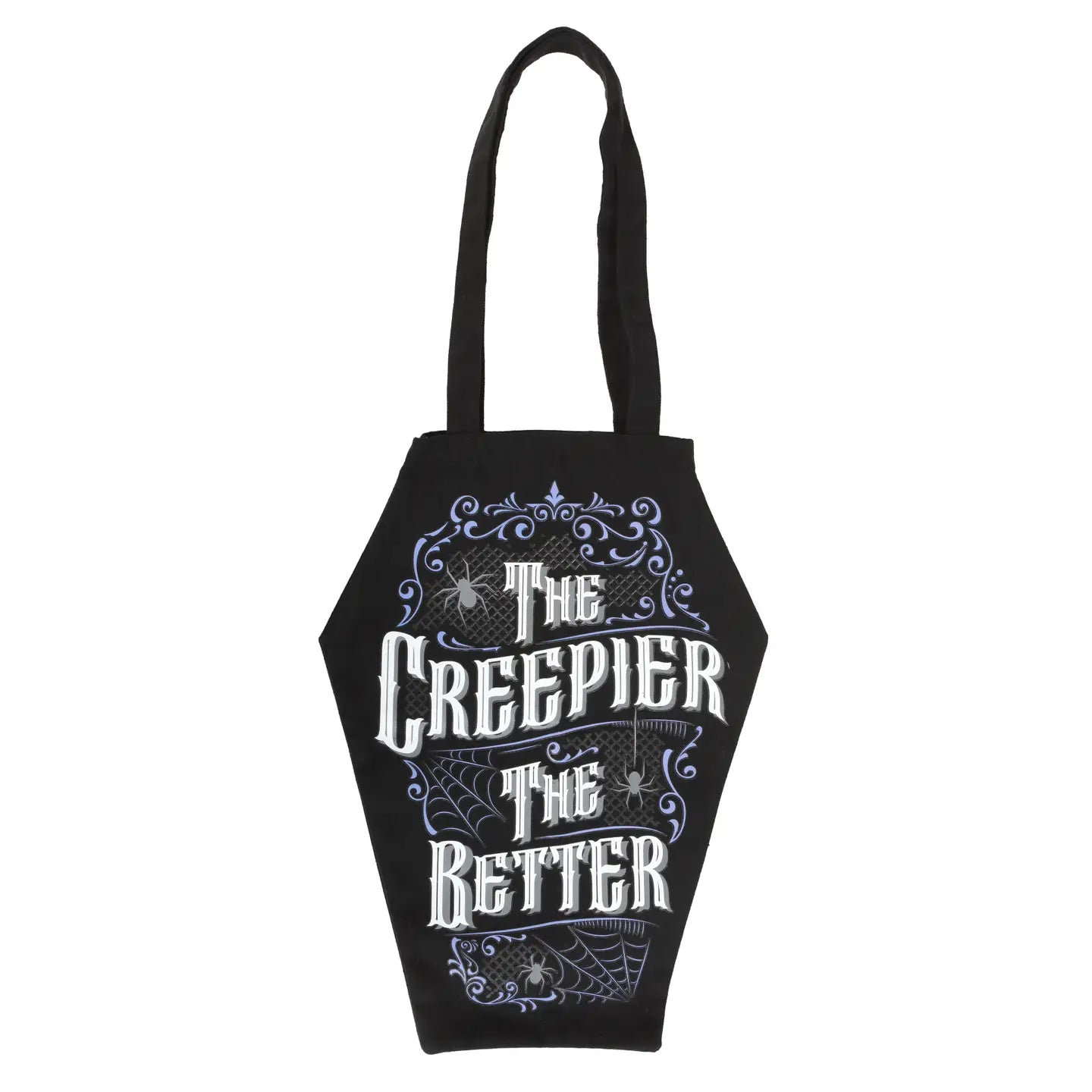 Full view of coffin-shaped black tote bag with gothic slogan and long handles, laid flat on a white background.