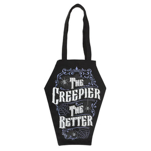 Full view of coffin-shaped black tote bag with gothic slogan and long handles, laid flat on a white background.