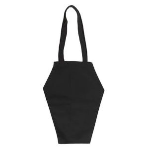 Back of black coffin-shaped tote bag showing plain fabric with no design, isolated on a white background.