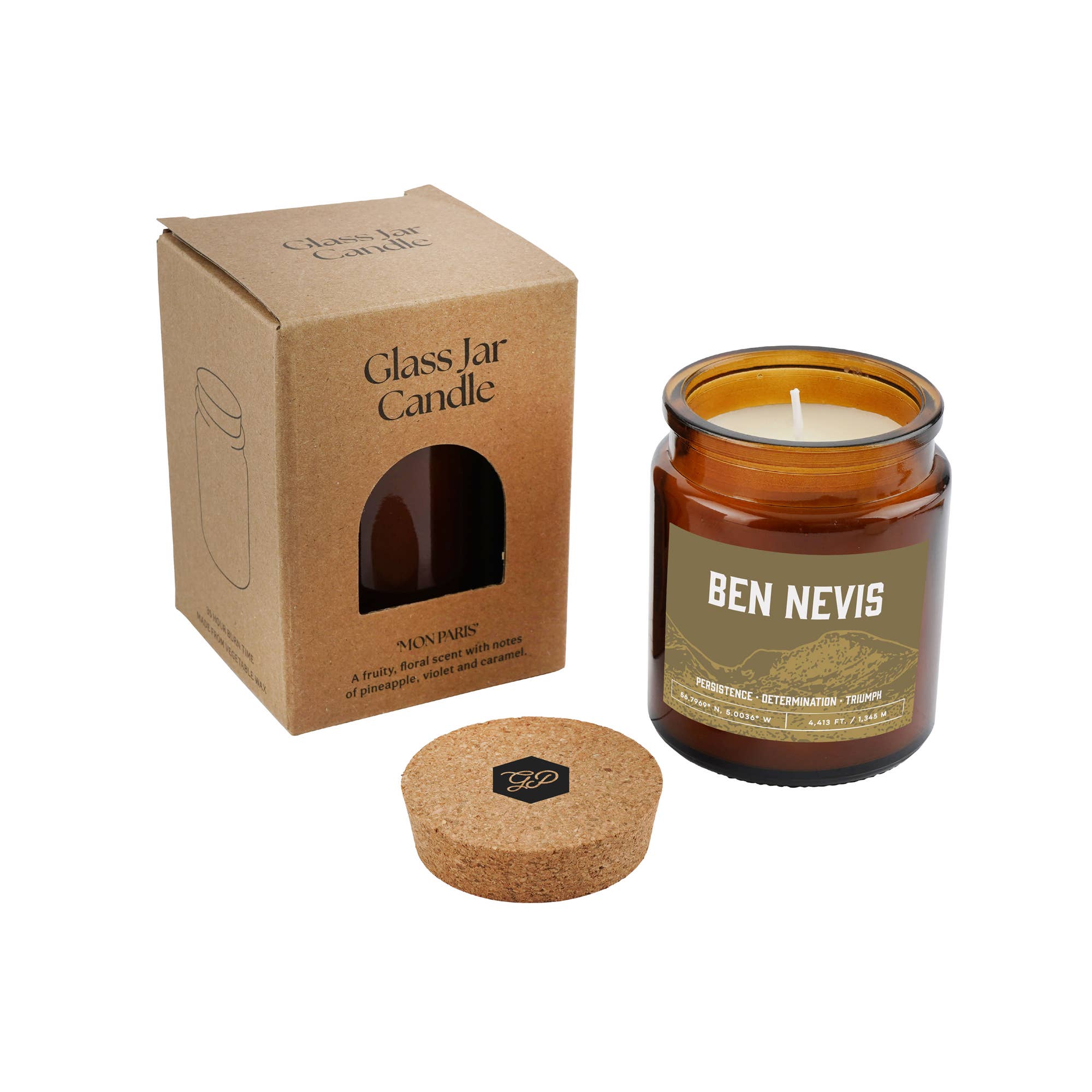 Ben Nevis candle with kraft gift box and cork lid, featuring fruity floral scent notes of pineapple, violet, and caramel.