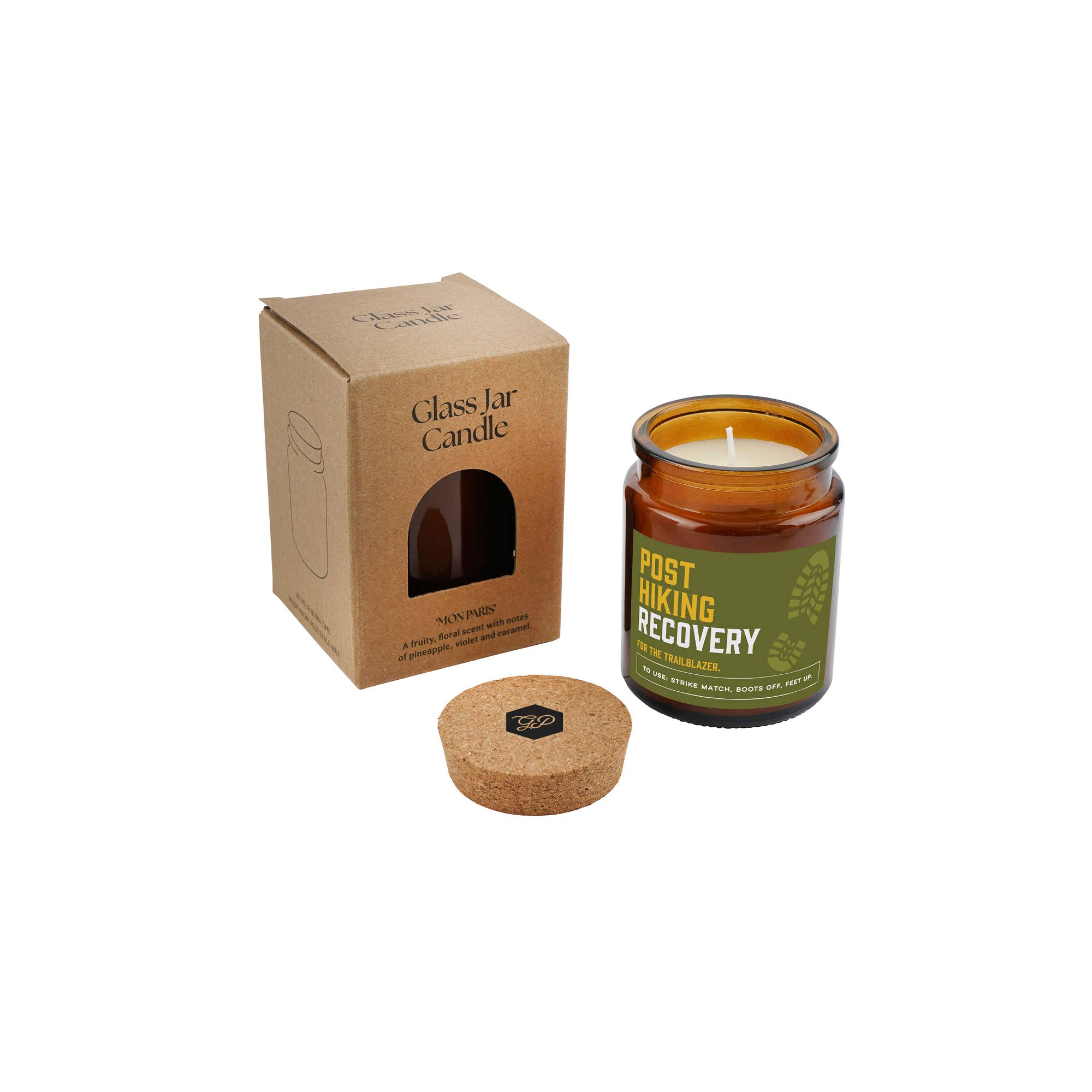 Post Hiking Recovery candle with kraft gift box and cork lid, perfect gift for hikers and outdoor lovers.