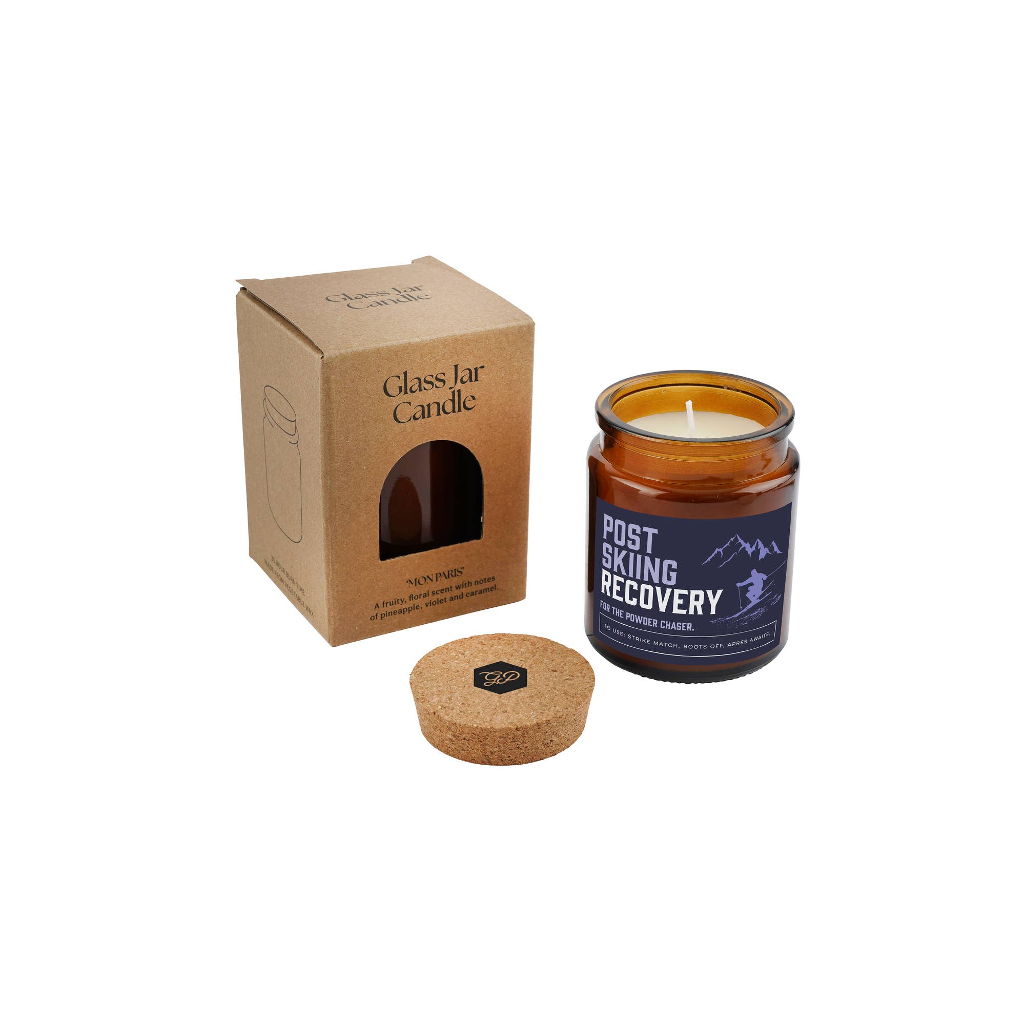 Post Skiing Recovery candle with kraft gift box and cork lid, perfect gift for ski lovers and après-ski relaxation.