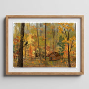Great Smoky Mountains art print featuring autumn forest with rustic cabin and crow on branch.