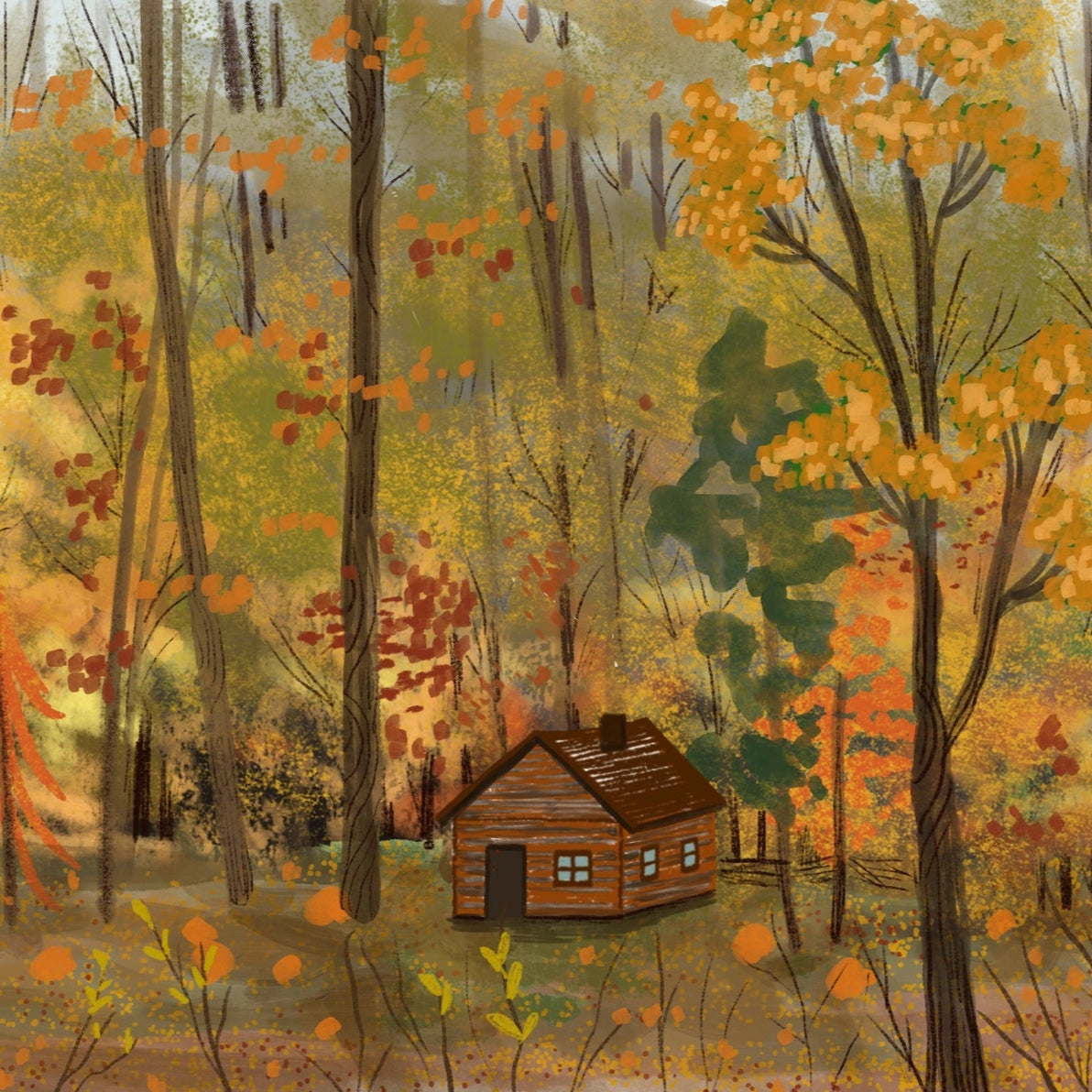 Framed Great Smoky Mountains giclée print of cabin in autumn woods on white wall.
