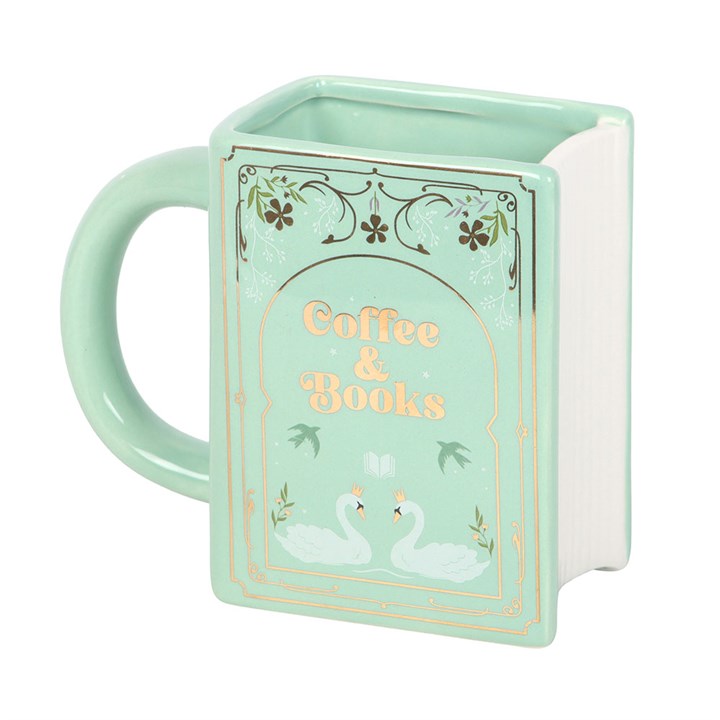 Front view of green book-shaped ceramic mug with gold lettering “Coffee & Books.”