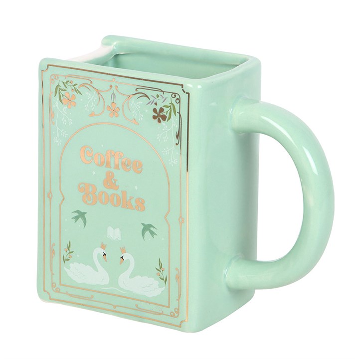 Side angle of green book-shaped mug with handle and “Coffee & Books” design.