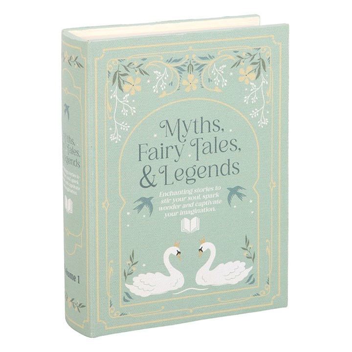 Closed green faux book storage box with swan illustration and floral detailing.