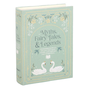 Closed green faux book storage box with swan illustration and floral detailing.