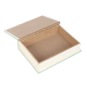 Open book-shaped storage box showing empty hidden compartment inside.