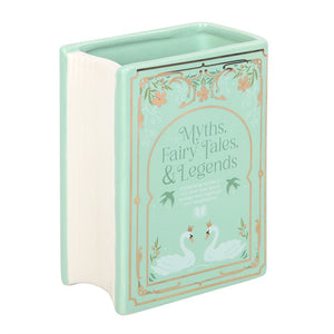 Green book shaped ceramic vase designed like a hardback with vintage-style detailing – decorative vase for flowers and shelves.