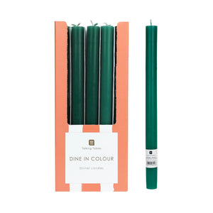 Green dinner candles in packaging with one candle shown separately