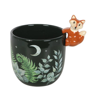 Whimsical plant pot with glossy woodland foliage design and sculpted ceramic fox, perfect for indoor decor