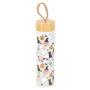 Front view of Halloween-themed glass bottle featuring ghosts, witches, black cats and pumpkins – eco-friendly drinkware