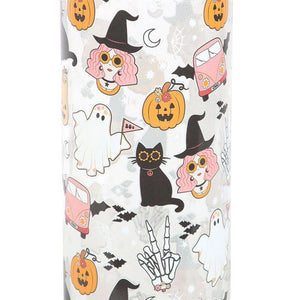 Close-up of bottle design with spooky characters including ghost, peace-sign skeleton hand, witch, and pumpkin
