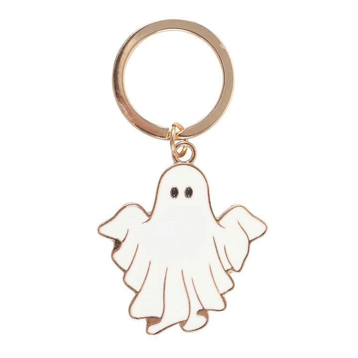 Front of Groovy Ghost keyring featuring white enamel ghost charm with gold edges – fun and playful Halloween keychain