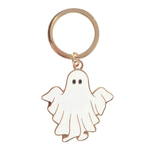 Front of Groovy Ghost keyring featuring white enamel ghost charm with gold edges – fun and playful Halloween keychain