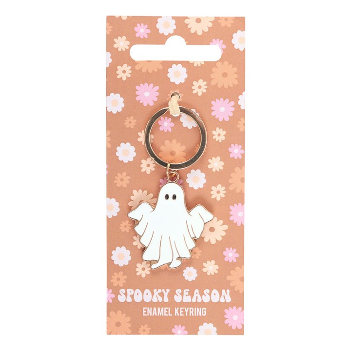 Spooky Season ghost keyring on orange floral display card with gold keyring – quirky Halloween enamel accessory
