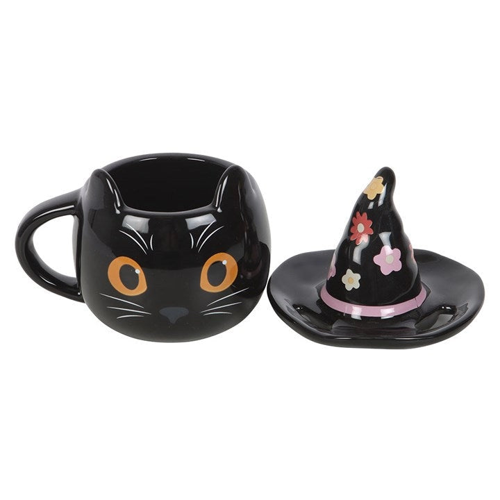 Open view of Groovy Witch Cat Mug showing separate floral witch hat lid and wide mug opening.