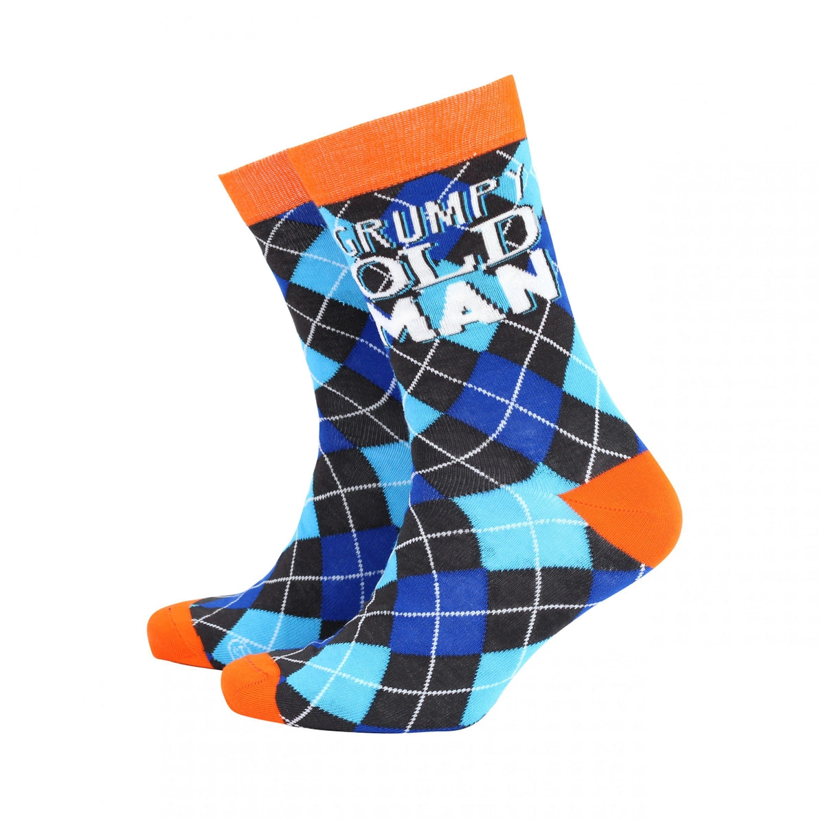 Front-facing image of men’s bamboo socks featuring a bold blue and black argyle pattern, bright orange heel and toe accents, and the phrase “Grumpy Old Man” stitched across the calf—perfect for novelty gift shoppers.