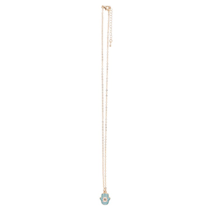 Full view of gold-tone Hand of Hamsa necklace laid flat with clasp and extension chain visible.