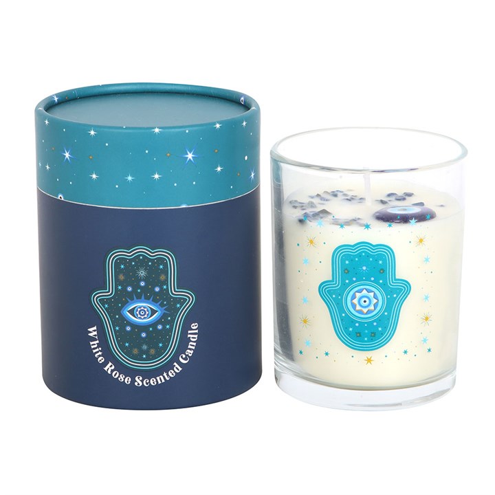 Hand of Hamsa white rose candle with protective navy and teal cylinder gift box.