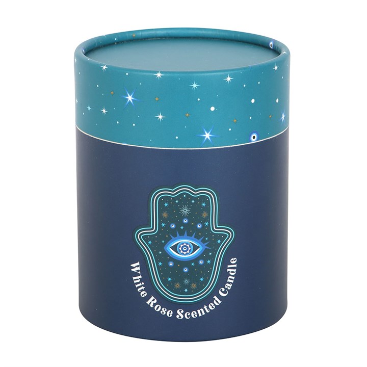 Celestial navy and teal gift box packaging for Hand of Hamsa White Rose Candle with star details.
