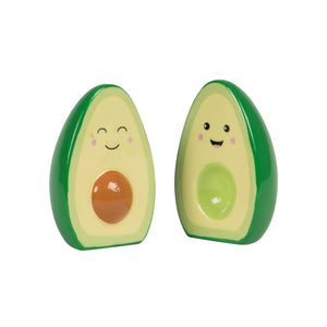 Happy Avocado ceramic salt and pepper shaker set with smiling faces.