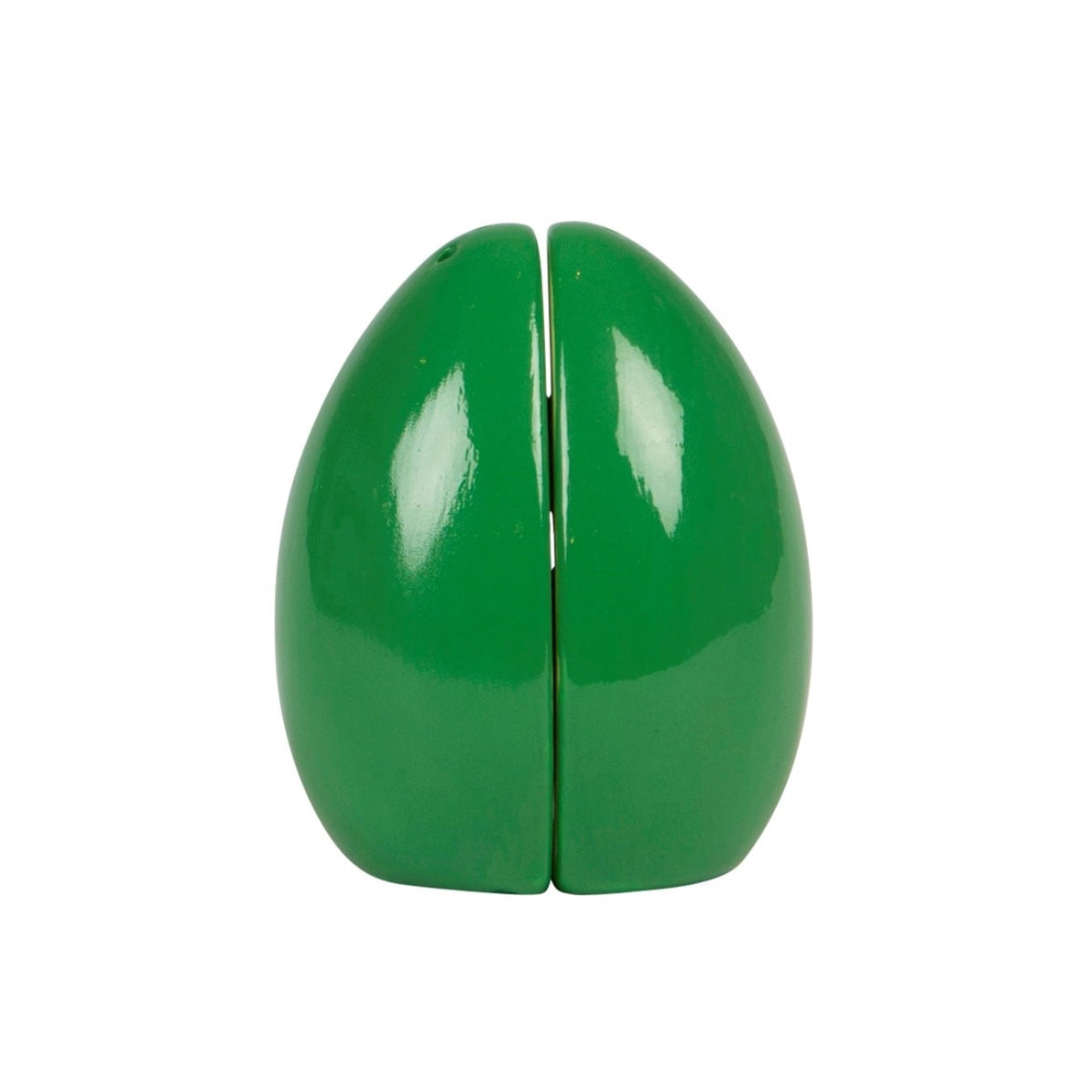 Back view of Happy Avocado salt and pepper shakers in green ceramic.