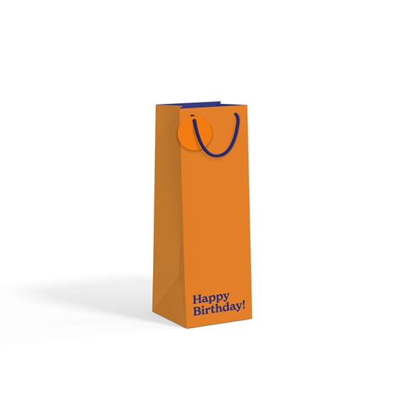 Orange birthday bottle gift bag with blue text on white background