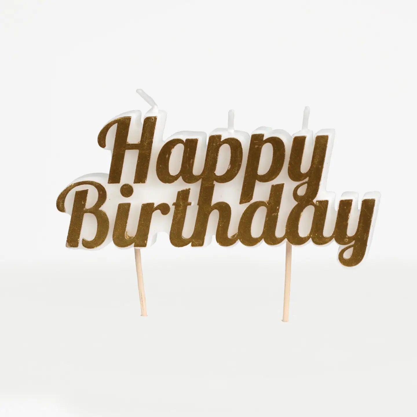 Gold Happy Birthday Cake Candle on a stick, ready for cake decoration.