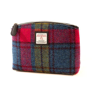 Pink and Blue: Luxurious Pink/Blue Harris Tweed Cosmetic Bag with contrasting Black vegan leather reverse side.