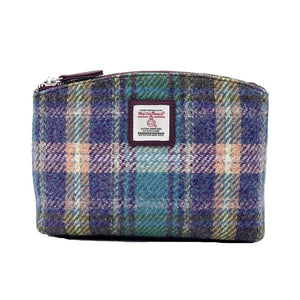 Green/Purple: Playful Green/Purple Harris Tweed Cosmetic Bag with Purple vegan leather trim.