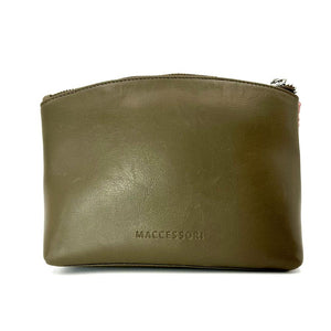 Maple (Reverse): Luxurious Maple Harris Tweed Cosmetic Bag with contrasting Olive vegan leather reverse side.